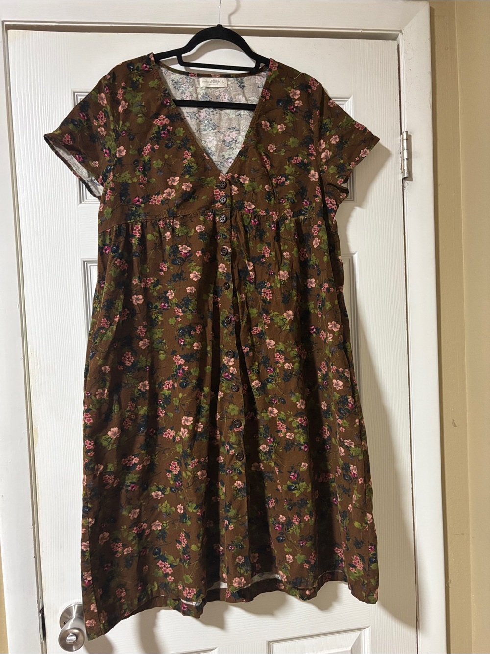 NATURAL LIFE Brown Floral V-Neck Mini Dress with Pink & Green Accents